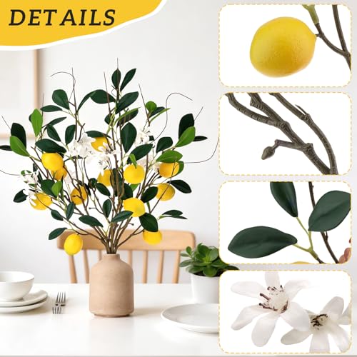 18.7'' Artificial Lemon Branches Fake Lemons Stem Decoration Faux Fruit Branch with Lifelike Leaves DIY Wreath Party Farmhouse Home Kitchen Table Ornament Themed - 4 Pcs