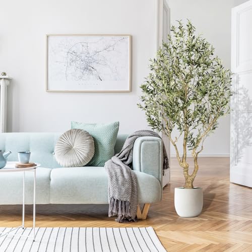 FEELEAD Olive Trees Artificial Indoor 7ft – Faux Olive Tree 7 Feet with Natural Looking Trunk, Realistic Leaves and Lifelike Fruits, Fake Olive Tree for Home Office Living Room Decor - size: 7ft