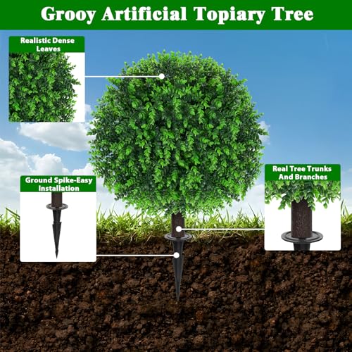 Grooy Artificial Topiary Tree with Eucalyptus, Set of 2 Artificial Shrub Bushes with Ground Spike, Fake Evergreen Tree for Porch, Artificial Plants for Outdoor Planters Indoor UV Resistant - color: Green Eucalyptus