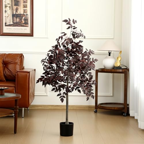 4ft Fall Plum Cimicifuga Stems Seeded Tree Artificial Thanksgiving Ficus Leaf Tree Plant Decor Autumn Halloween Faux Decor for Party Porch Fireplace Front Door Outdoor Indoor Decoration - color: Plum Color