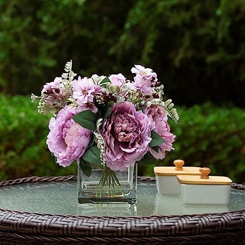 ENOVA FLORAL Artificial Flower Arrangement with Vase,Mixed Artificial Silk Peony Flower in Vase for Decoration Home Office, Wedding Centerpiece (Purple) - color: Purple