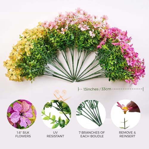Artificial Flowers for Outdoors Patio Decoration 12 Bundles Fake Flower Cherry Blossom UV Resistant Faux Plants Yard Garden Porch Home Boxwood Patio Spring Easter Decor, Mix Yellow Purple Pink Flower - color: B Purple Yellow Pink Cherry Blossom 12pcs
