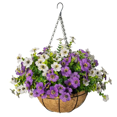 Artificial Hanging Flowers for Outdoors with Basket,UV Resistant Realistic Faux Hanging Plants Outdoor Artificial Flowers for Outdoors Basket for Yard Porch Patio Garden Home Decor,12 Bundles Mix - color: Purple+white