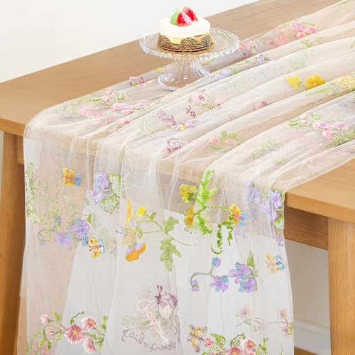 AerWo Embroidery Sage Floral Table Runner 120 Inch 10FT, White Floral Runners for Tables Flower Decorations for Party, Flower Runner for Table Kitchen & Dining, Party and Event Centerpiece