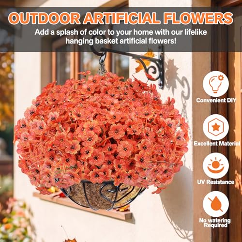 Powbrace 22 Bunch Outdoor Artificial Flowers with Plastic Plants Violets Faux Flowers,Outdoor Front Porch Hanging Planter Window Frame Garden Decor (Orange) - color: Orange, size: 22 Bundles