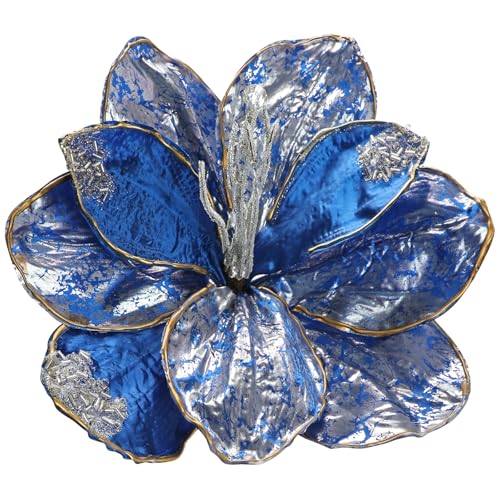 Briful 3PCS Magnolia Artificial Christmas Flower 21.2" Blue Fake Magnolia Flower Stems with Specially Designed Mottled Petals Christmas Tree Flowers for Holiday Wreath Garland Xmas Decor - color: Blue Silver