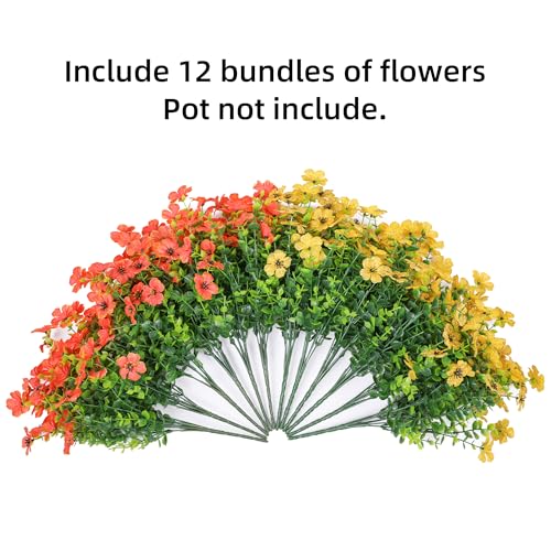 Ivydale Fall Flowers Artificial for Decoration Outdoors Fake Mums 12 Bundles Faux Planters UV Resistant Look Real for Autumn Home Porch Patio Garden Yard, Orange Yellow - color: Orange Yellow(green Leaves)