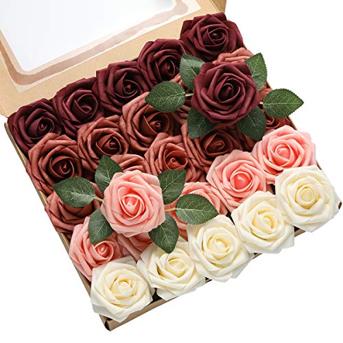 DerBlue 60pcs Artificial Roses Flowers Real Looking Fake Roses Artificial Foam Roses Decoration DIY for Wedding,Arrangements Party Home Decorations (Shades of Burgundy, 60pcs Regular 3") - color: Shades of Burgundy