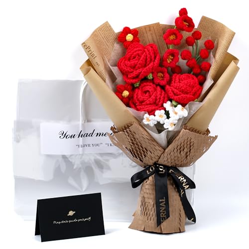 Crochet Flower Bouquet, Handmade Knitted Red Rose Faux Crochet Flowers for Home Decor Valentine’s Day Anniversary Weddings Birthdays Mother’s Day, Includes Gift Bag and Greeting Card (Rose) - color: Red