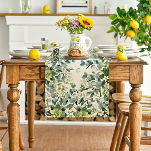 Artoid Mode Green Flowers Floral Eucalyptus Summer Table Runner, Seasonal Spring Kitchen Dining Table Decoration for Home Party Decor 13x72 Inch - color: Beige, size: 13" x 72", Table Runner