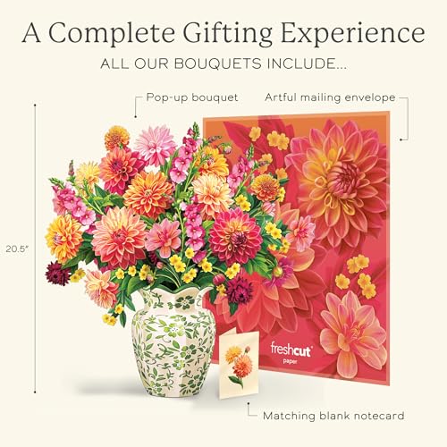 Freshcut Paper Grande Dahlia Sunrise 20.5 Inch Life-Sized 3D Pop Up Cards – Greeting Card, Birthday, Mothers Day, Thank You, Gifts for Mom and Her – Includes Notecard and Envelope - color: Dahlia Sunrise, size: Grande