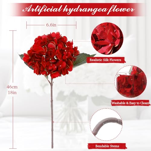 6PCS Realistic Artificial Silk Hydrangea Flowers, Premium Fake Hydrangea Flowers Bouquet with Stems, Full Faux Hydrangea Blooms for Home Wedding Table Party Office Decorations(Red) - color: Red