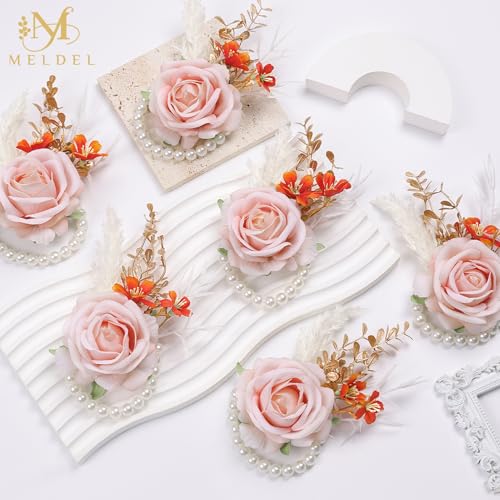 Pink Wrist Corsage and Boutonniere Set, Flower On Wrist for Bride Bridesmaid Wedding, Boutonniere for Men Groom Groomsman Wedding Accessories Prom Party Suit Decorations - color: Wrist Corsage and Boutonniere Set-pink