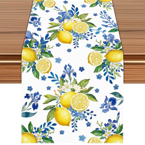 Lemon and Blue Floral Table Runner, 48 x 13 inches | Seasonal Kitchen Dining Table Decoration, Home Party Birthday Wedding Decor - size: 48 Inches X 13 Inches