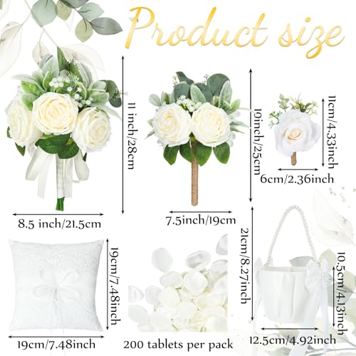 Giegxin 16 Pcs Ivory Rose Wedding Artificial Flowers Package, Bridal Bouquet, 6 Bridesmaid Bouquets, 6 Boutonniere for Men, Rose Petals for Wedding Ceremony Anniversary, Rustic Marriage Proposal