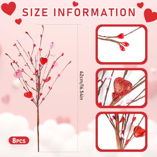 8PCS Valentine's Day Floral Decorations – Artificial Heart Shaped Foam with Red, Pink, White Berries, Artificial Picks for Home, Wedding, Party, DIY Craft, Perfect Valentine's Gift