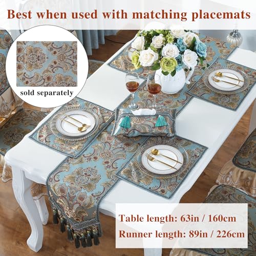 kilofly Elegant Floral Brocade Jacquard Table Runner Tassels (60 x 12 inches) - color: Blue, size: 60*12 inch