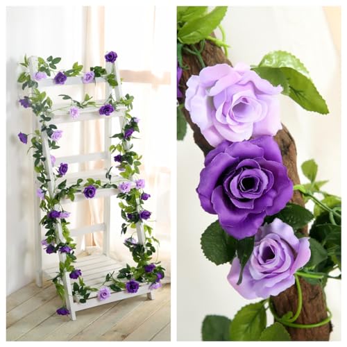 JUSTOYOU 2 Pack (15.8FT) Fake Rose Garland, Artificial Roses Vines Flower Garland Hanging Floral Vine Wedding Home Backdrop Party Arch Arrangement Decoration - color: Purple