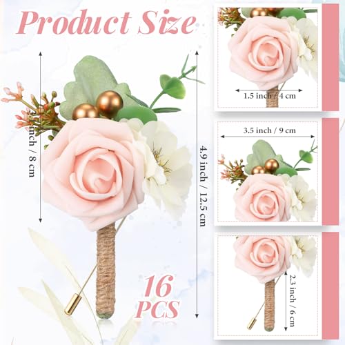 Crowye 16 Pcs Boutonniere for Men Wedding with Pins Set Groom and Groomsmen Ceremony Anniversary Corsage Wedding Flowers Artificial Bouquets for Formal Dinner Party Fall Vintage Prom (Blush Pink) - color: Blush Pink