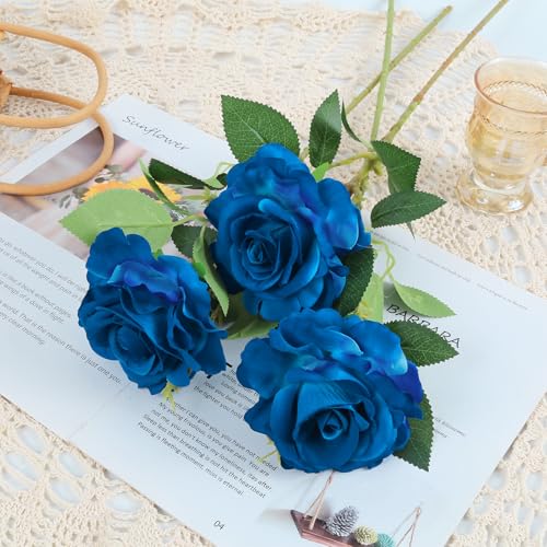 6Pcs Blue Rose Artificial Flowers Long Stem Velvet Roses Real Touch Fake Flowers for Floral Arrangements Home Wedding Dining Table Party Garden Decoration(Blue) - color: Blue
