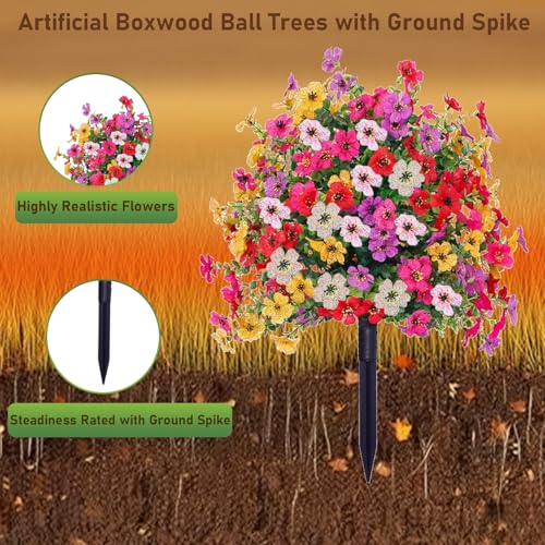 Topiary Flower Ball Trees Artificial Outdoor Set of 2, D15.8" UV Resistant Faux Boxwood Flower Ball Plants with Stake,Realistic Faux Shrubs Planter Filler for 4th of July Front Cemetery Porch Garden - style: Violet