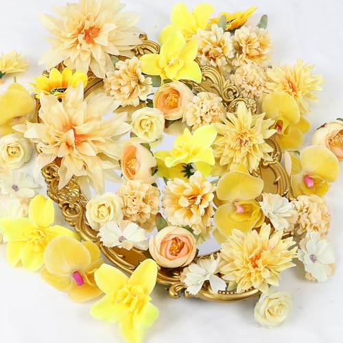 LACGO 48 PCS Fall Fake Flowers Heads - Artificial Flower Heads Bulk Silk Faux Flower for Crafts Cake Blossom Wreath Garland Bouquets for Crafts Wedding Bridal Party Baby Shower Home Decoration(Yellow) - color: Yellow