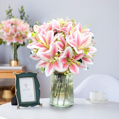 4 Bundles Artificial Tiger Lily Silk Flowers Faux Fake Lilies Plants for Wedding Bouquet Home Party Indoor Table Hotel Office Vases Floral Arrangements Outdoor Garden Decor (Pink) - color: Pink
