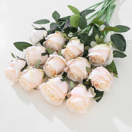 12Pcs Realistic Fake Cream Roses Faux Flowers with Long Stems, Artificial Silk Rose Flowers for Valentines Day Home Wedding Decor Bridal Bouquet - color: Cream