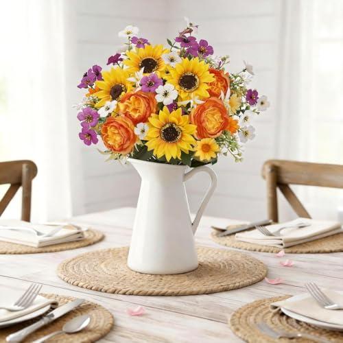 2Pcs 14.17" Cemetery Flowers for Grave Vase Sunflower Artificial Flowers Bouquet Peonies Silk Sunflowers Realistic Flower Arrangements for Cemetery Wedding Table Centerpieces Home Decor - color: Yellow-2