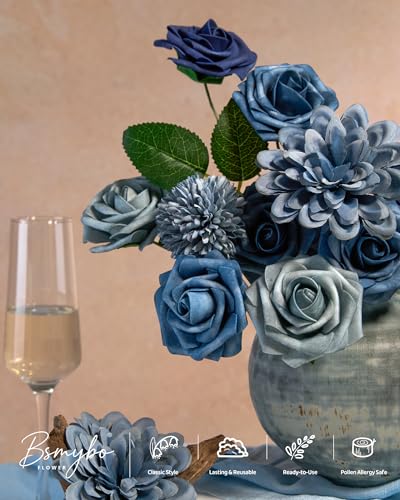 BSMYBO Dusty Blue Flower Artificial Roses Faux Flowers with Stems Mix Fake Roses Dahlia Chrysanthemum Ball for Wedding Bridal Bouquets, Table Centerpieces, Baby Shower, Party, Home Decorations - color: Dusty Blue, size: PureBlooms