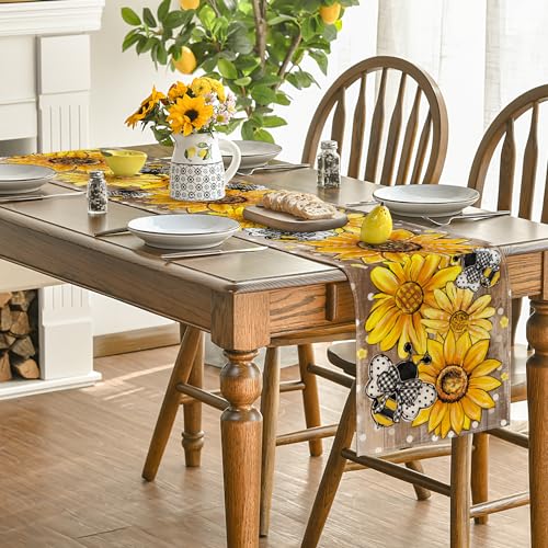 Artoid Mode Wood Sunflower Bee Flower Polka Dot Summer Table Runner, Seasonal Kitchen Dining Table Decoration for Home Party Decor 13x36 Inch - color: Wood, size: 13" x 36", Table Runner
