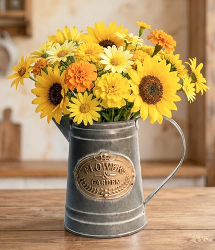 Yoillione Galvanized Metal Pitcher Vase with Handle, Rustic Farmhouse Flower Vase for Home and Garden Décor, Vintage Gift for Women - color: Short Galvanized, size: Small