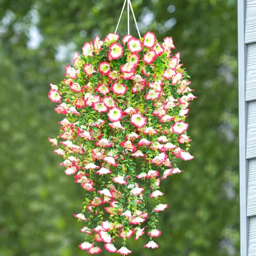 4 Pack Artificial Faux Hanging Flowers Plant for Outdoor, Fake Silk Morning Glory with Eucalyptus UV Resistant Realistic Trailing Vine for Wall Home Porch Patio Balcony Yard Indoor Decor, Pink White - color: Pink