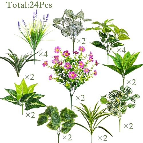 24 Pcs Artificial Plants for Outdoors Faux Greenery Leaves UV Resistant Realistic Plastic Large Bunches Shrubs Bushes with Flowers, Fake Plants Decor Outdoor for Front Porch Door Patio Garden Yard - color: Green Plants With Flowers, size: 24 Pcs