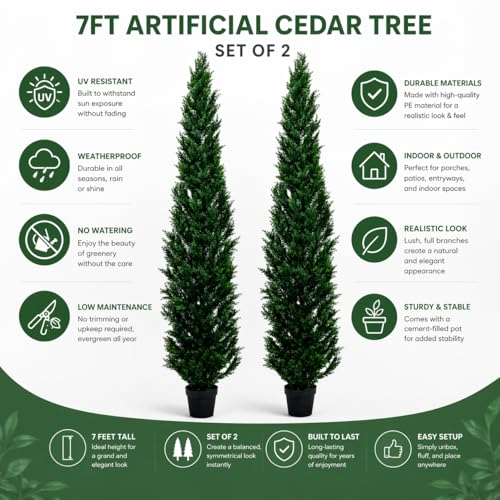 7 Feet Outdoor Artificial Topiary Cedar Tree, Set of 2 UV Resistant Potted Faux Cedar Trees for Outdoors and Indoors, Decorative Fake Shrubs Topiary Trees for Home Living Room Front Door Decor - size: 7ft