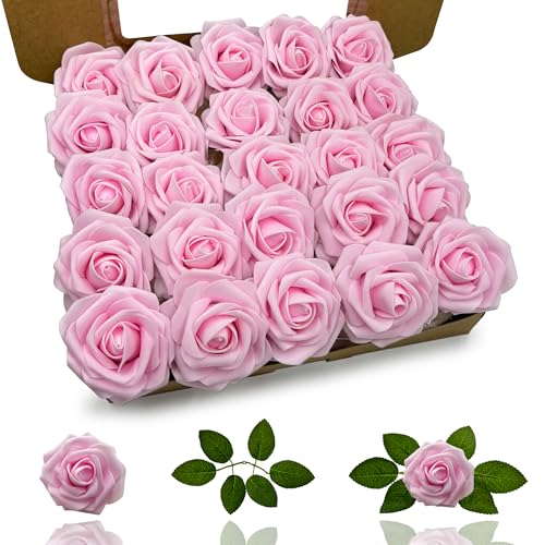 Artificial Roses Flowers 25Pcs Real Touch Roses with Stem Foam Fake Roses for DIY Wedding Bouquets Centerpieces Arrangement Party Baby Shower Home Decorations (Pink) - color: Pink