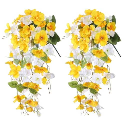 Ivydale Hibiscus Artificial Fake Hanging Flowers Plants for Outdoor Spring Decoration, 2PCS UV Resistant Faux Hibiscus Silk Flowers Realistic Look Real for Planters Outside Porch Patio Yard - color: Yellow + White, size: 2pcs