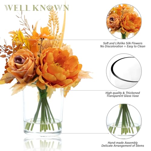 WELL KNOWN Artificial Flowers in Glass Vase, Orange Wrist Gold Silk Rose Peony Flower Bouquet with Fake Water for Fall Winter Home Dinning Table Wedding Christmas Party Lavatory Kitchen Decor & Gift - color: Orange Wrist Gold