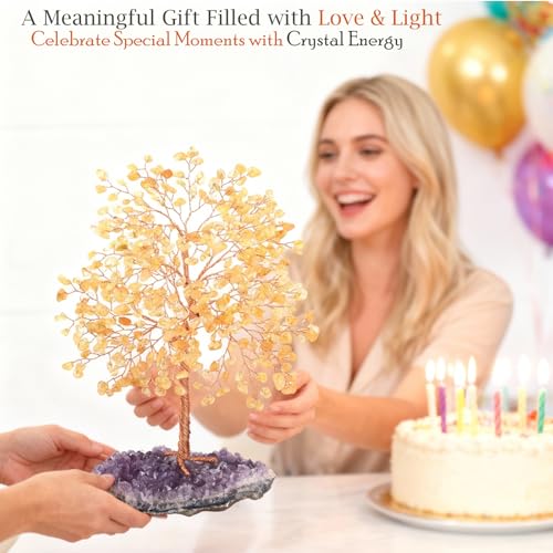 Gemstone Crystal Tree of Life,Natural Citrine(406 Stones Count) with Amethyst Cluster Base,Chakra Healing Crystals Positive Energy Fengshui Bonsai Money Tree Gift 8.5"-9" - color: Citrine With Amethyst Cluster Base