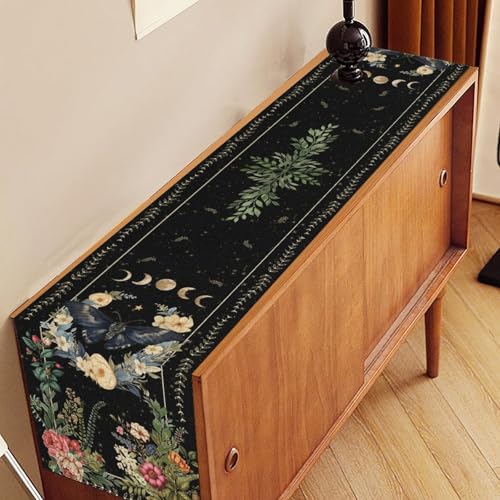 Gothic Moth Table Runner, Boho Vintage Floral Gothic Sun Moon Phase Mystical Witchy Farmhouse Coffee Table Center Decor for Home Kitchen Dining Patio Holiday Party Table Decorations 13x36 inches - color: Tr-moth08, size: 13x36" Table Runner