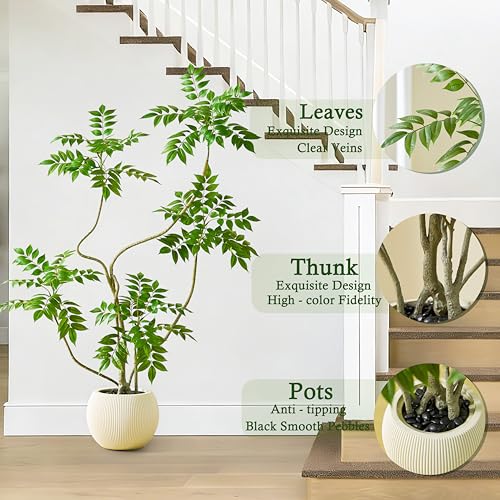 Artificial Sumac Tree：5FT Faux Mahonia Fortunei Tree Realistic Fake Floor Plant Silk Leaves & Elegant Branches in Pot Fake Plant for Minimalist Decor Indoor Home Sala Office Hotel Patio Studio - color: Sumac Tree, size: 5FT