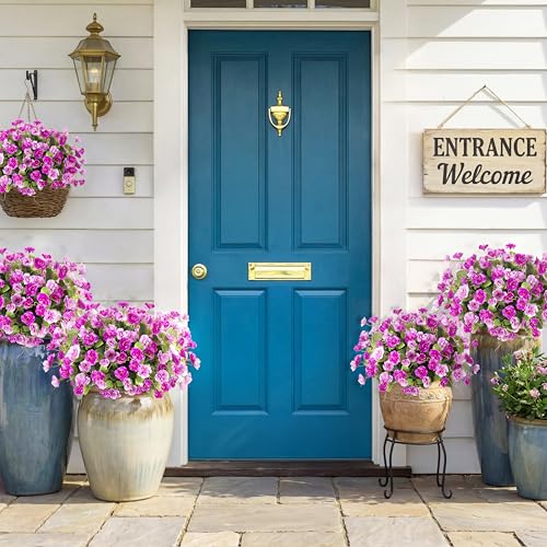 Artificial Flowers for Outdoors, 6 Bundles Silk Fake Hibiscus Flowers for Spring Summer Decoration, UV Resistant Fake Plants Plastic Bouquet for Home Planter Porch Patio Yard Decor(Double Purple) - color: Double Purple
