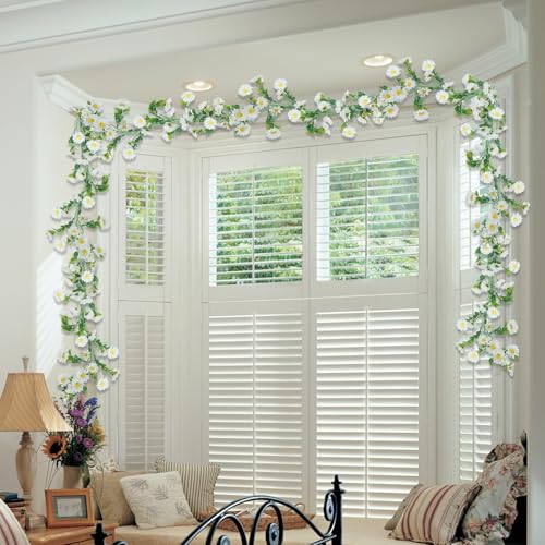 2 Pack White Flower Garland Artificial Daisy Silk Wildflower Hanging Flowers Fake Floral Vines Garland for Table Decoration Backdrop Wall Home Party Wedding Indoor Outdoor DIY Cemetery Decor - color: White, size: 2pcs