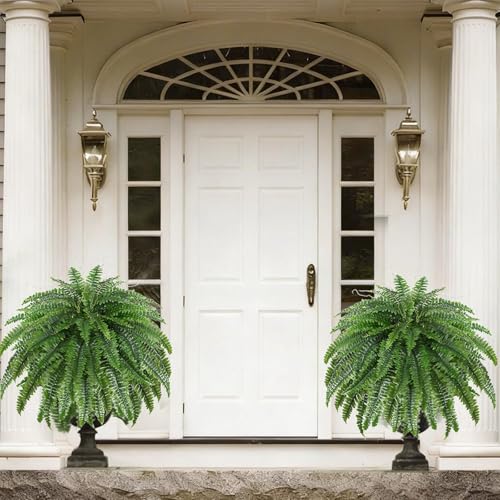 2 PCS Artificial Ferns for Outdoors, 50" Fake Ferns Artificial Plants Large Realistic Boston Ferns Artificial Plants Outdoor with 96 Fronds & Ground Spike for Porch Garden Home Office Decor - size: 2 Pack