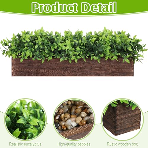 Lyrow 2 Pack 24 '' Artificial Eucalyptus Plants in Rectangular Rustic Wooden Planter Box Faux Potted Herb Plant Greenery Centerpiece for Cabinet Windowsill Table Shelf Wedding Decor (Brown) - color: Brown, size: 24 ''