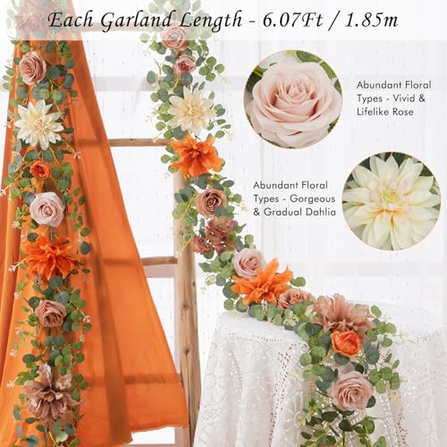 Waipfaru 2Pcs Fall Garland Decor, 6Ft Eucalyptus Flower Garland for Table, Fall Floral Vines with Terracotta Flowers for Wedding Arch Backdrop Wall Thanksgiving Decorations (Terracotta) - color: Terracotta-6.07ft, size: 2 Pack