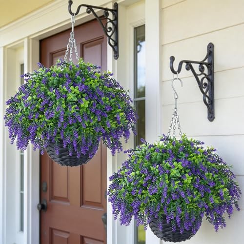 Juxdp Artificial Lavender and Boxwood Hanging Basket - 2 Set for Outdoor Decorations,Fake Flower Hanging Basket UV-Resistant for Porch, Home Garden, Farmhouse, Eaves, Yard Decor