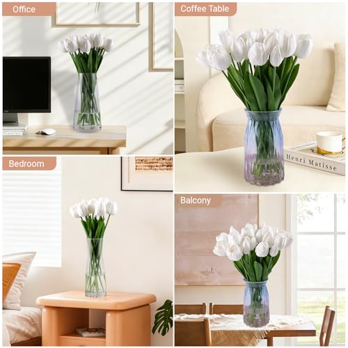 20 Pcs Fake Tulips Flowers 16" Tall, Realistic Touch Leaves, Bottle Tulip Artificial Plants Indoor for Home Decor Small Office Home Living Room-Vase Not Include -White - size: 16 Inch Tulips White