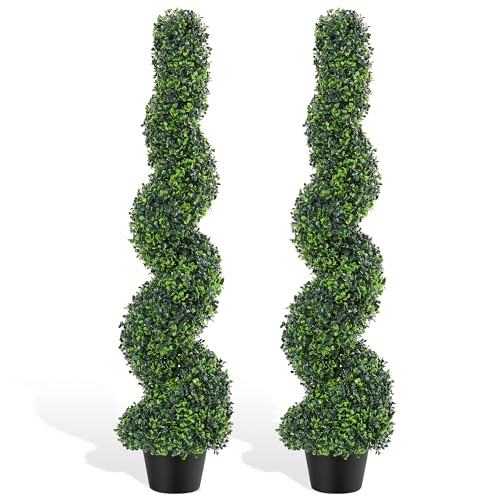 Artificial Spiral Topiary Trees Set of 2, 4ft Faux Boxwood Topiary, UV Resistant & Fade Resistant, Year-Round Greenery for Indoor Outdoor Home, Porch, Patio, Garden Decor