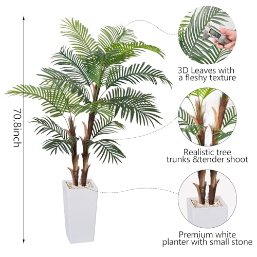HAIHONG Artificial Palm Tree 6FT, Fake Tree with Realistic Fiber Trunks and White Tall Planter, Faux Tropical Areca Floor Plant in Pot,Artificial Silk Plant for Home Decor Office Decor